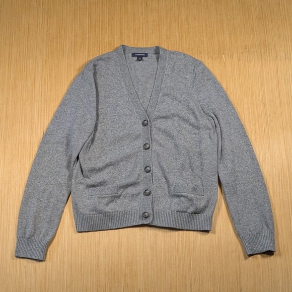 Lands' End Cardigan Sweater Gray Women Large Cotton Blend Knit Casual Minamilist - Picture 1 of 6